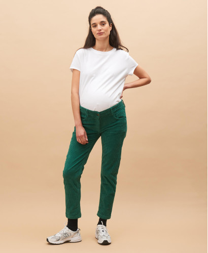 Pantalon Grossesse Velours Côtelé Vert l Bas & Pantalons Maternité Élégants